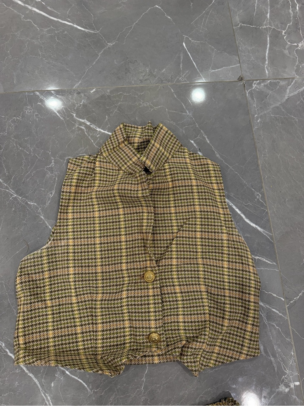 Plaid Tweed Vest in Olive and Brown - Picture 2 of 4